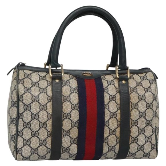 GUCCI GG Supreme Sherry Line Hand Bag PVC Navy Gold Red Auth 134690 - Picture 2 of 16